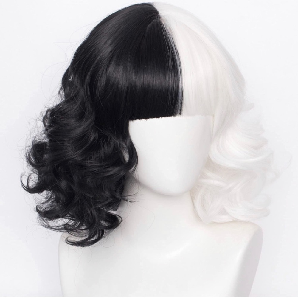 Short Curly Half Black And Half White Wig Wavy Shoulder Length Synthetic Cosplay